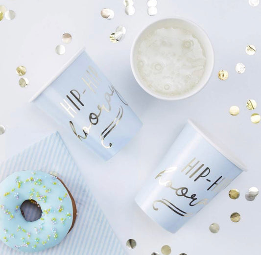 Hip Hip Hooray Pastel Blue Gold Foil Cups (pack of 8)